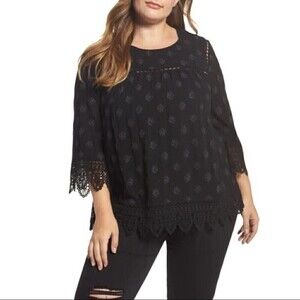 New! Pale Sky Stitch Fix Bohemian Eyelet Embroidered Bell Sleeve Black Top